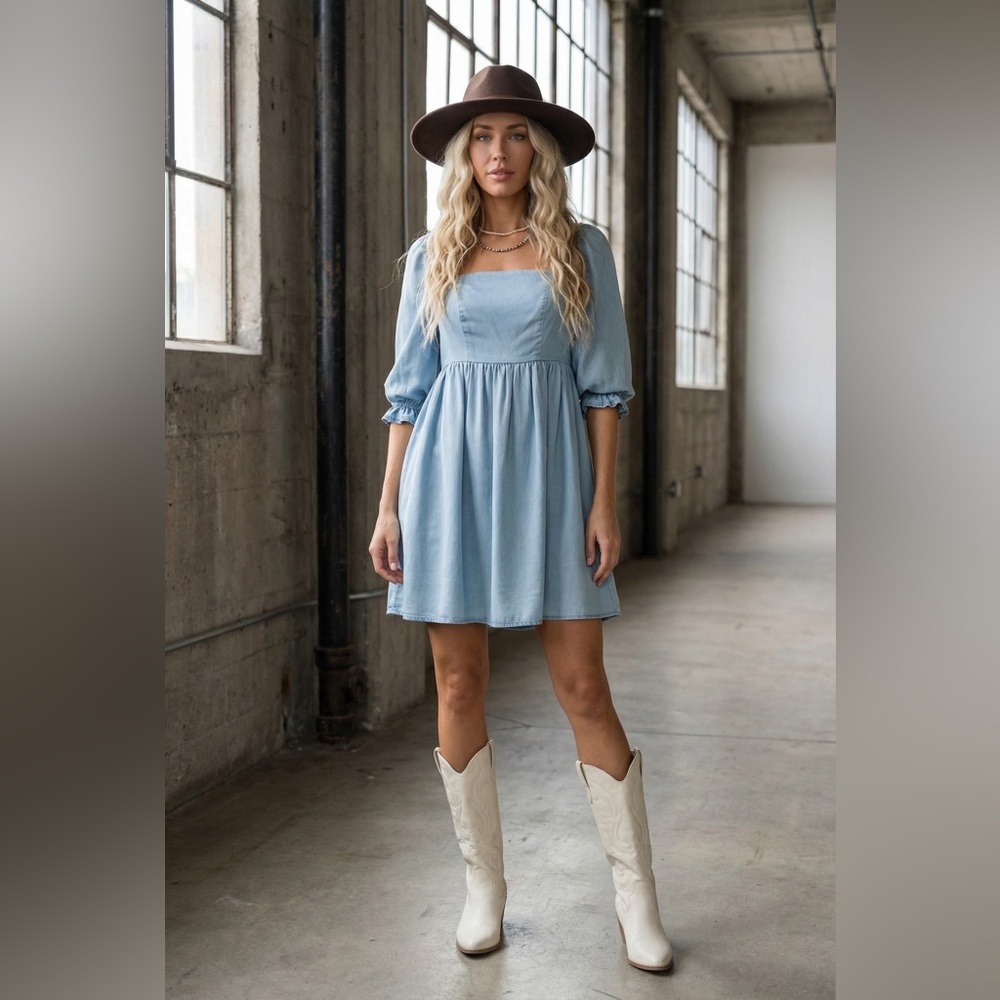 NWT Promesa Denim Tencel Jean Puff Sleeve Mini Dress - Picture 8 of 10